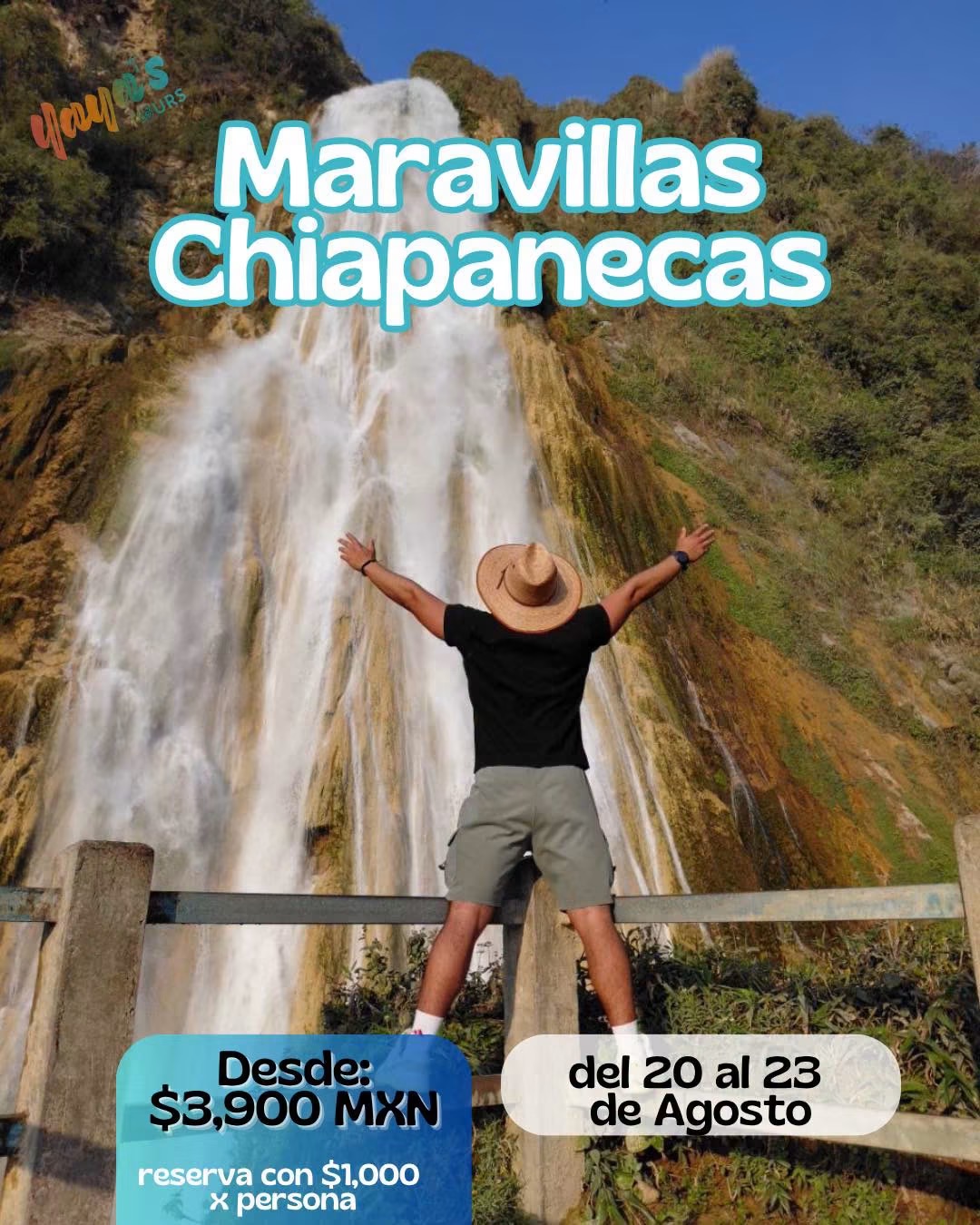 Viajero frente a una gran cascada de Chiapas